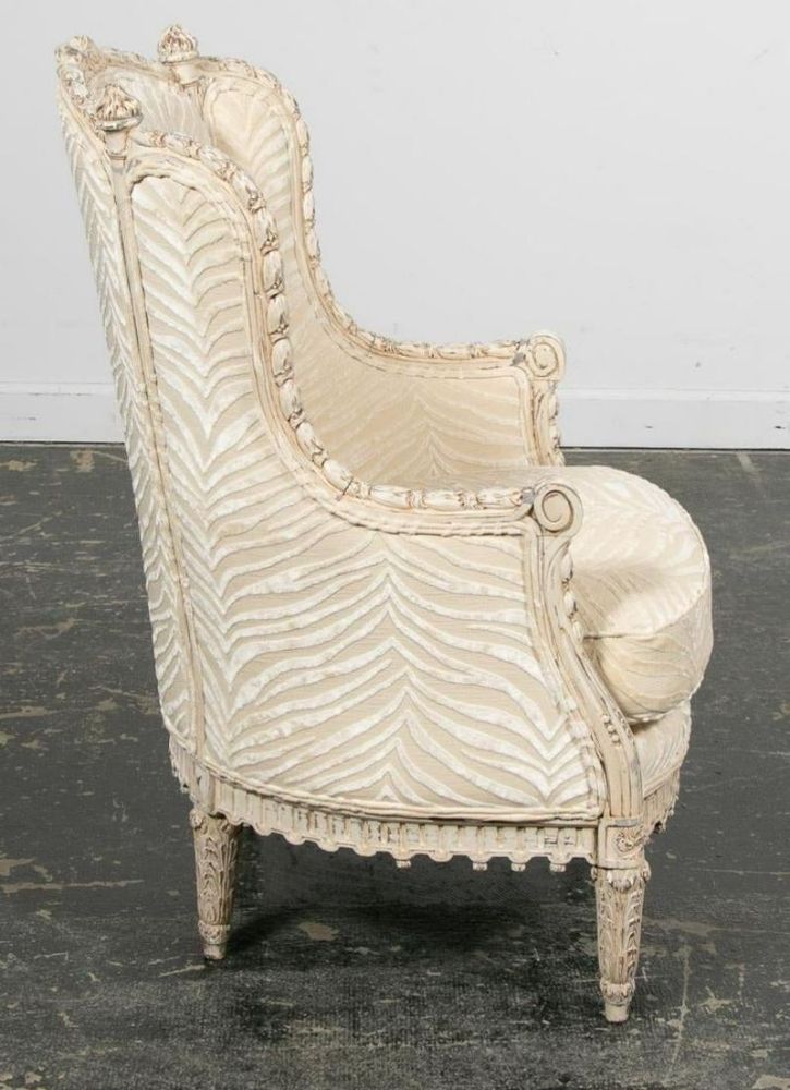 French Louis XVI Style Bergère Armchair with Silk Velvet Upholstery