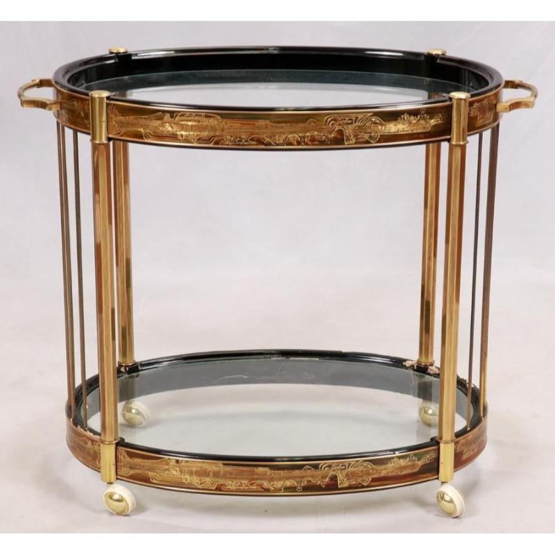 Mastercraft, Mid-Century Modern, Rolling Bar Cart, Etched Brass, Lacquer, 1960s
