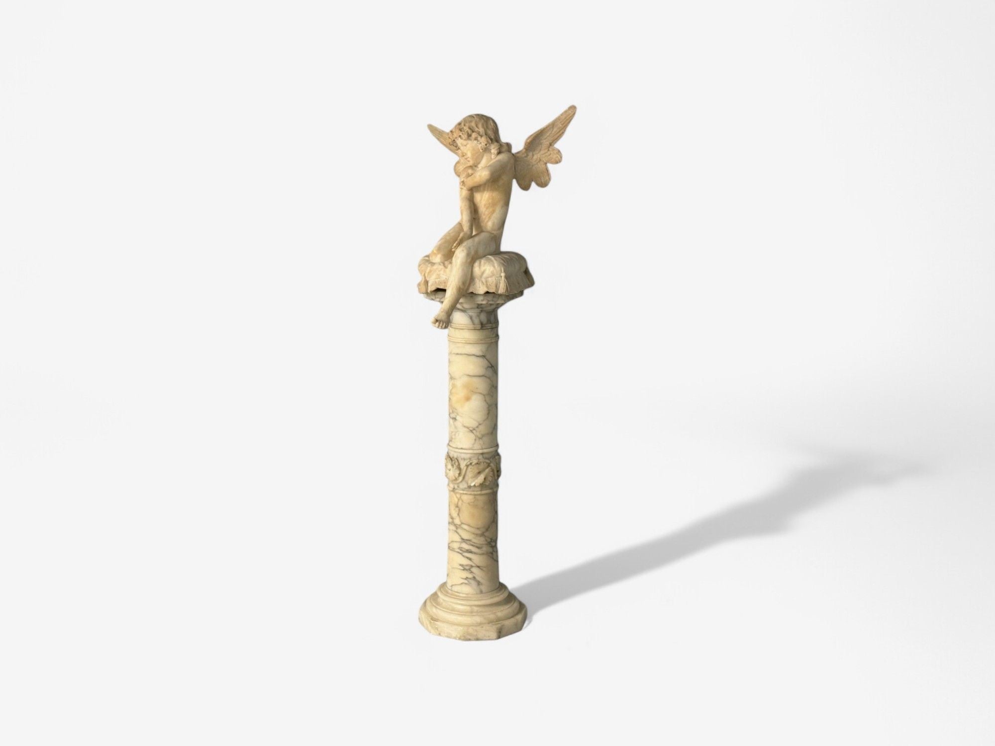 Neoclassical, Winged Angel On Pillow, Alabaster Statue on Pedestal, Italy, 1920s