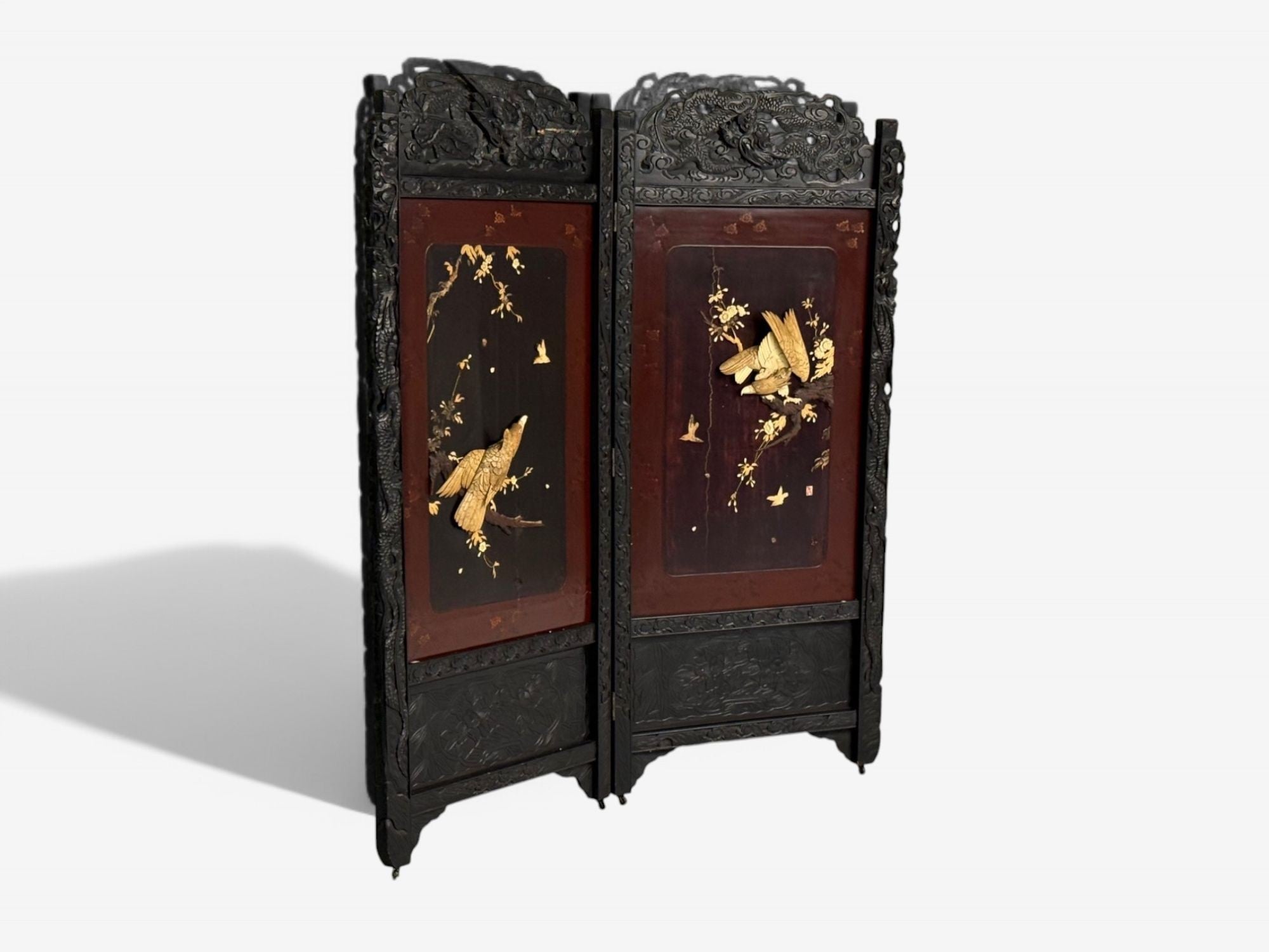 Shibayama Art, Meiji Era, Ebonized Wood, Lacquer, Two Panel Screen, Japan, 1890s