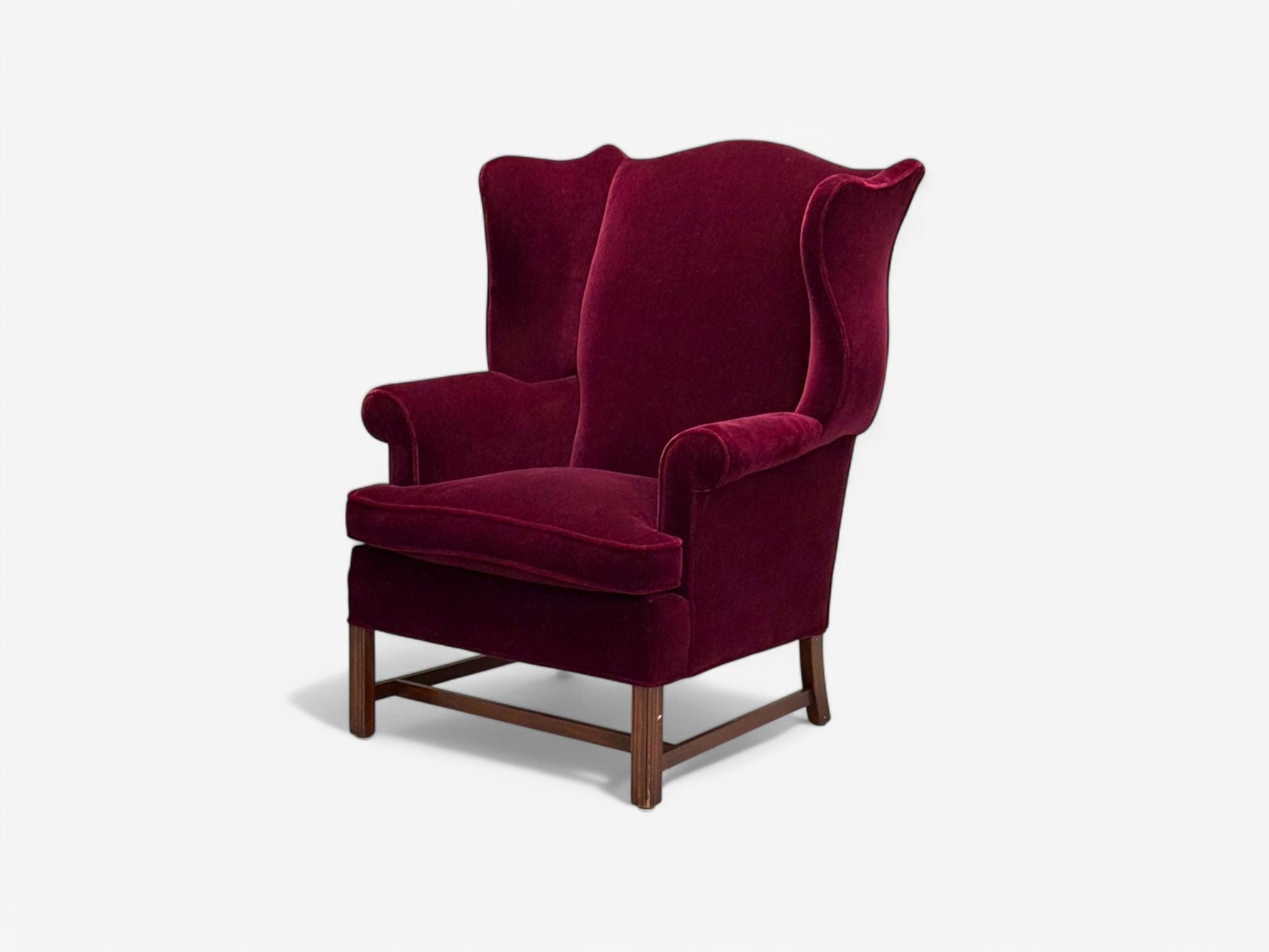 Georgian, Aubergine Mohair, Stained Wood, Wingback Chair, England, 1970s