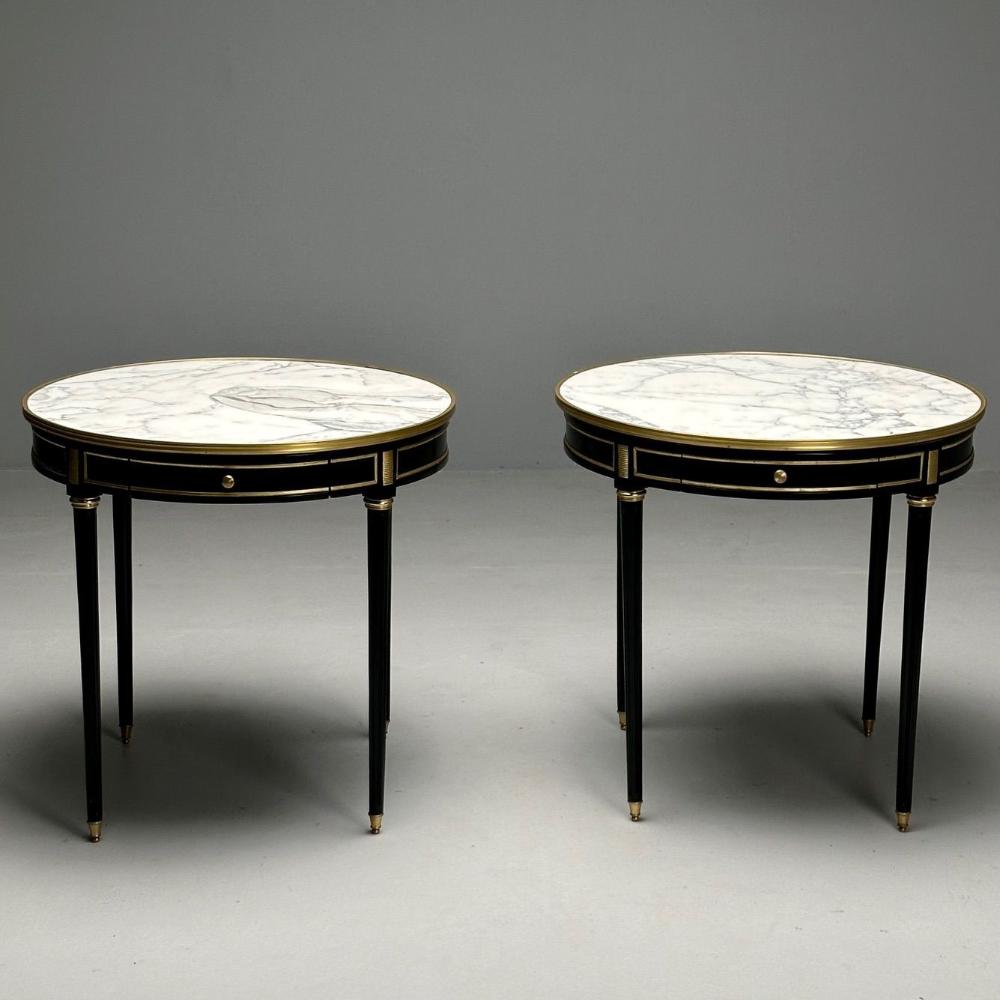 Hollywood Regency, Louis XVI Style, Bouiliotte End Tables, Black Paint, Bronze