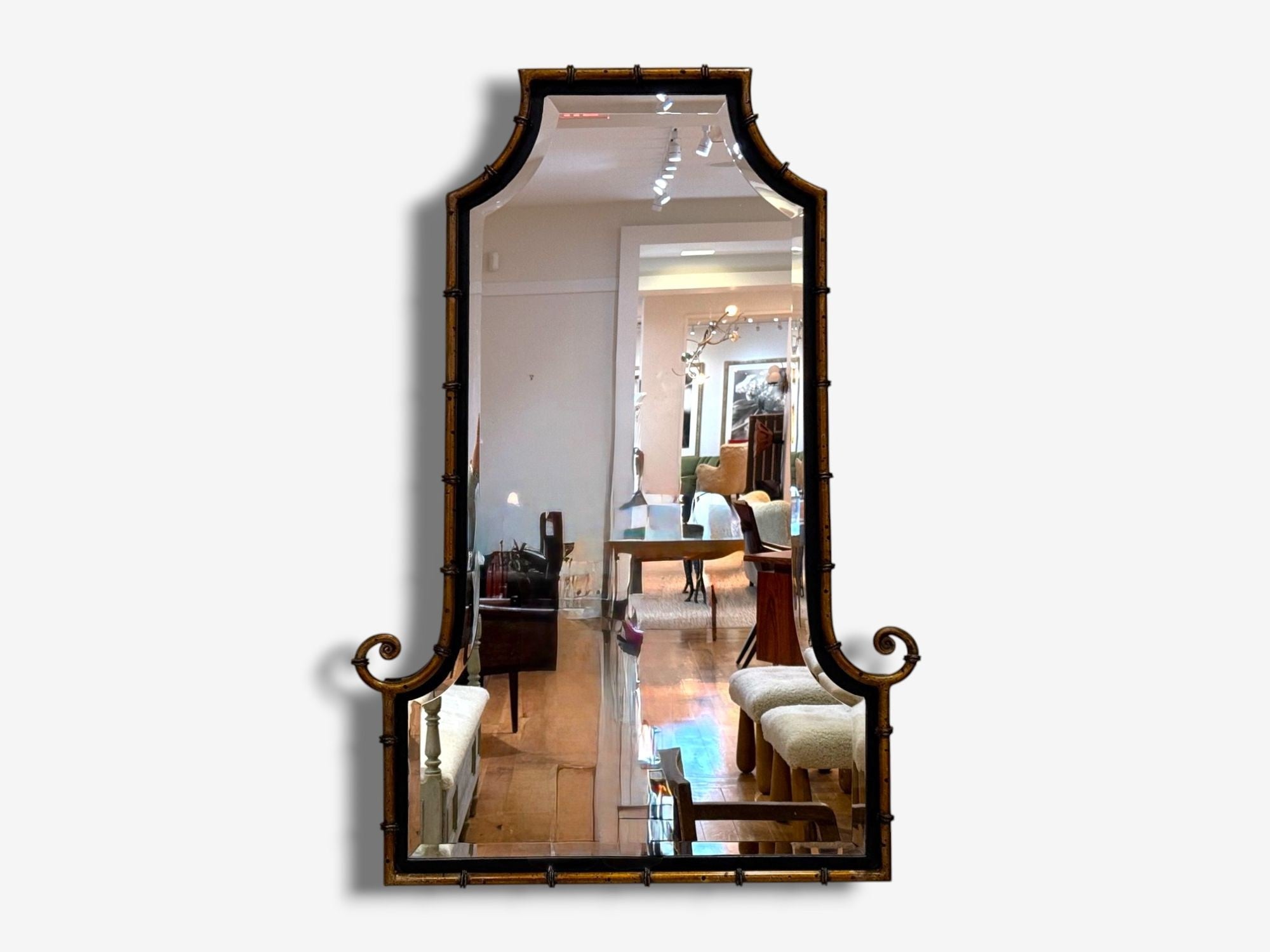 Hollywood Regency, Faux Bamboo Gilt Metal, Pagoda Form Wall Mirrors, USA, 1960s