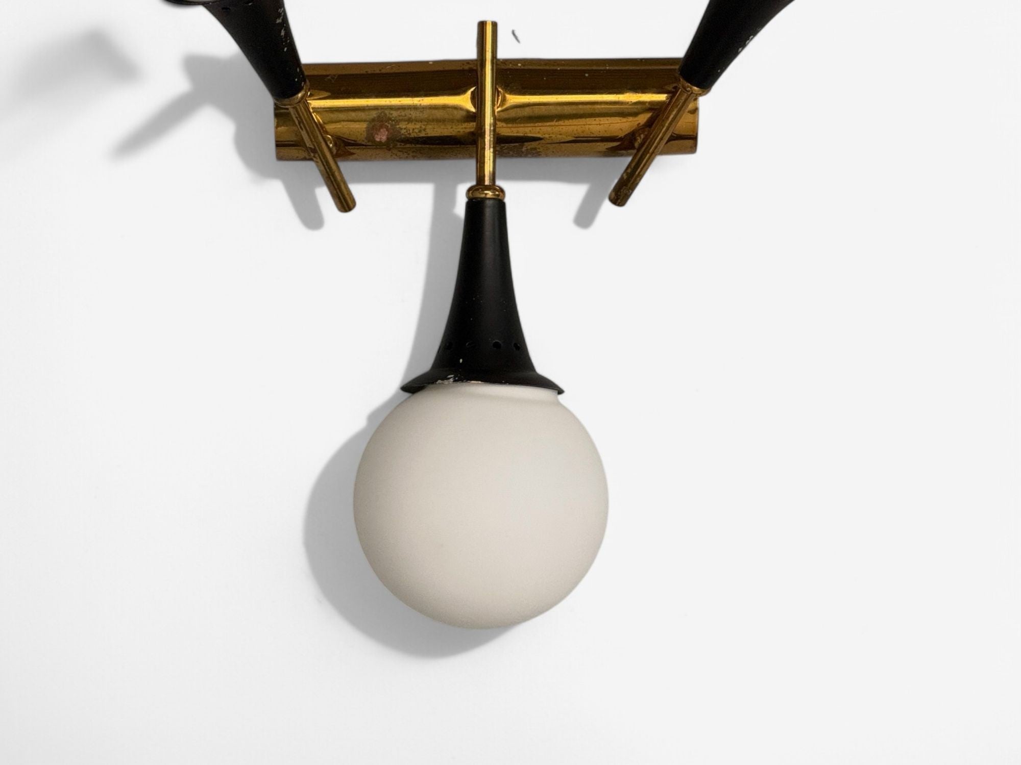 Stilnovo, Italian Mid-Century Modern, Brass, Glass, Three Light Sconce, 1950s