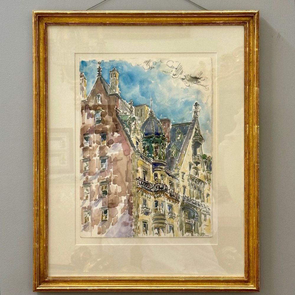 Modernist Watercolor Signed by Adam Van Doren, Architecture, City, Framed