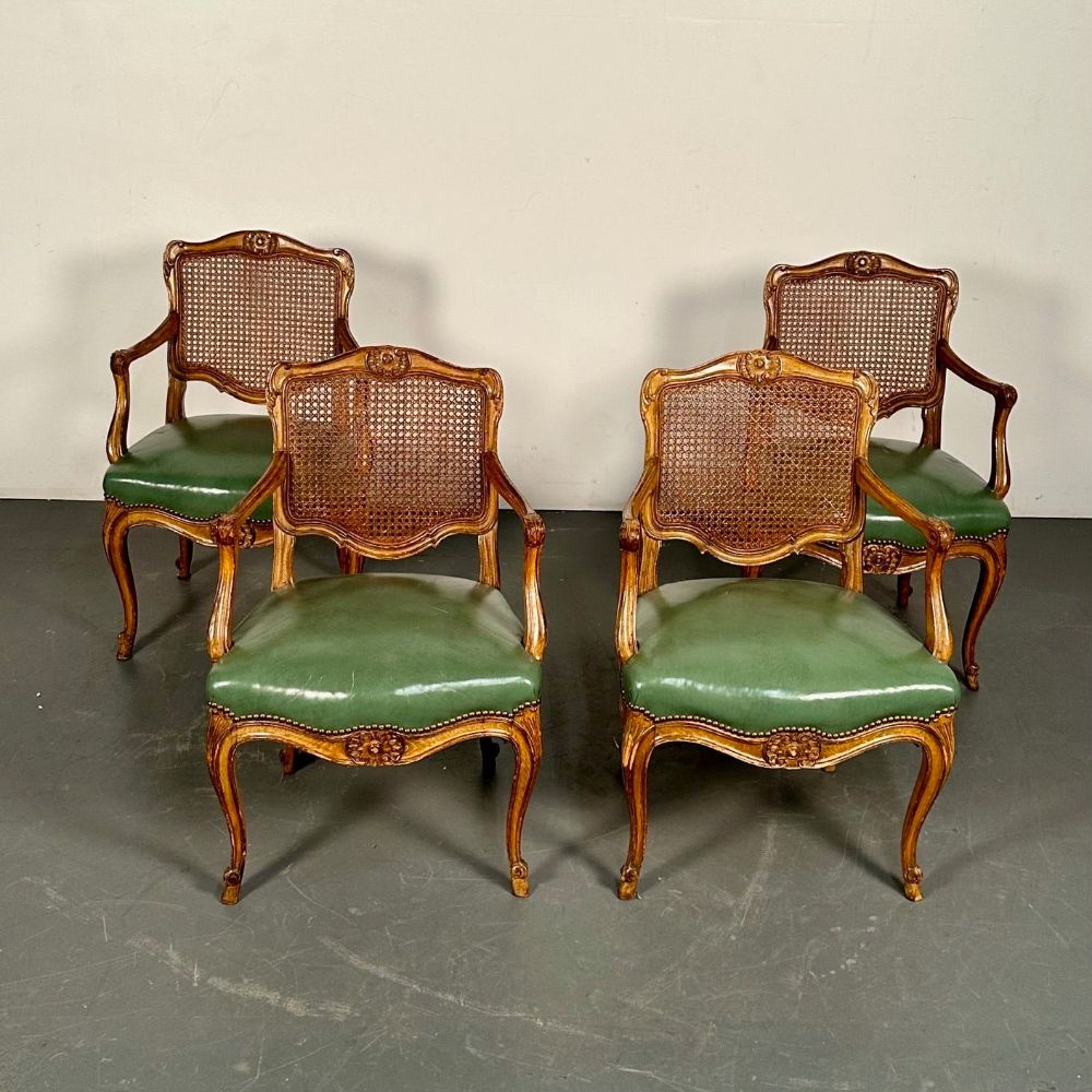 Four French Louis XV Style Fauteuils / Office Chairs, Cane and Leather