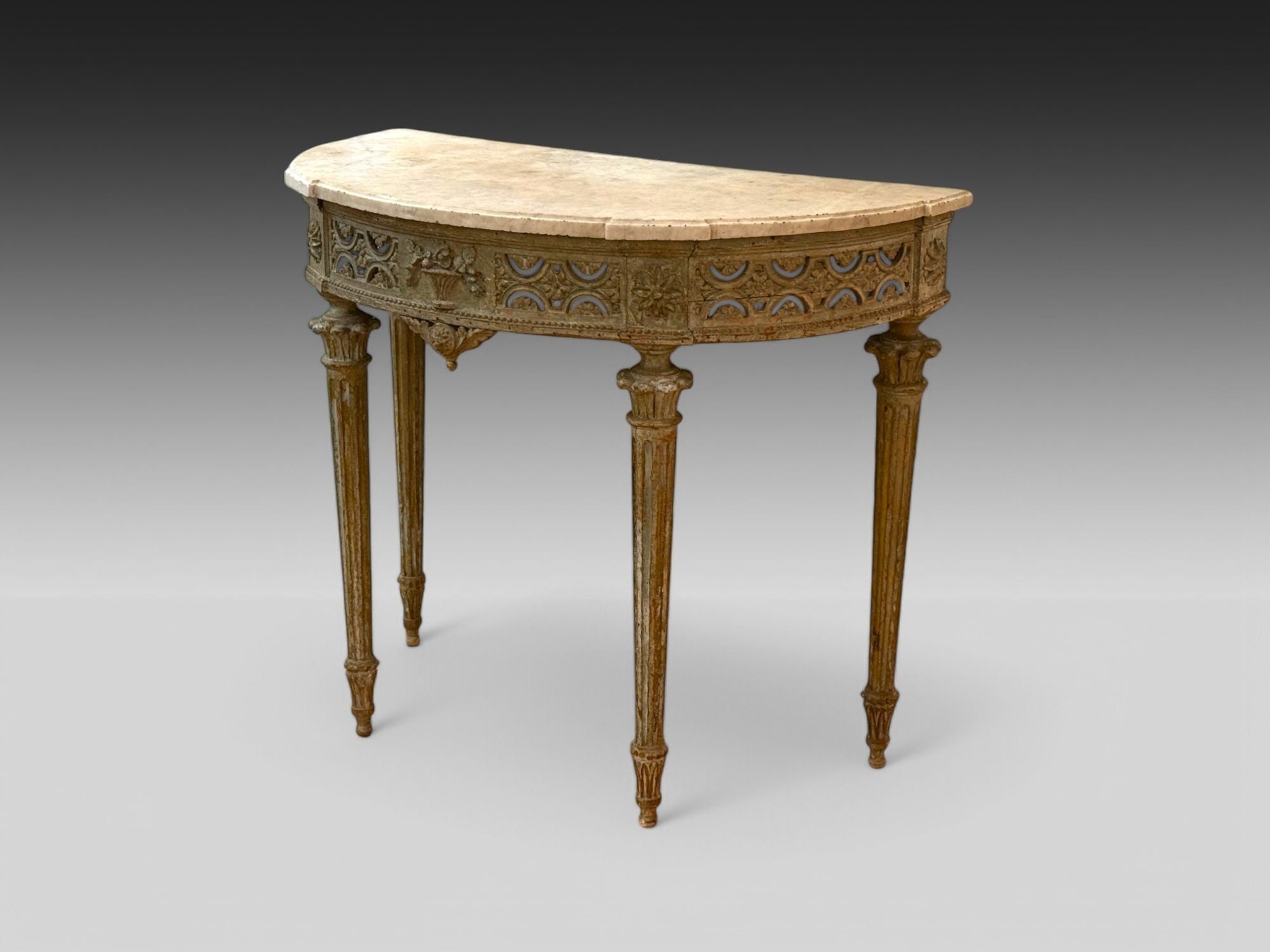Gustavian, Louis XI, Painted Wood, Marble, Demilune Console Table, France, 1780