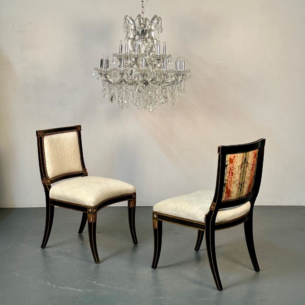Pair of Louis XVI Maison Jansen Style Dining / Side Chairs, Ebony and Giltwood