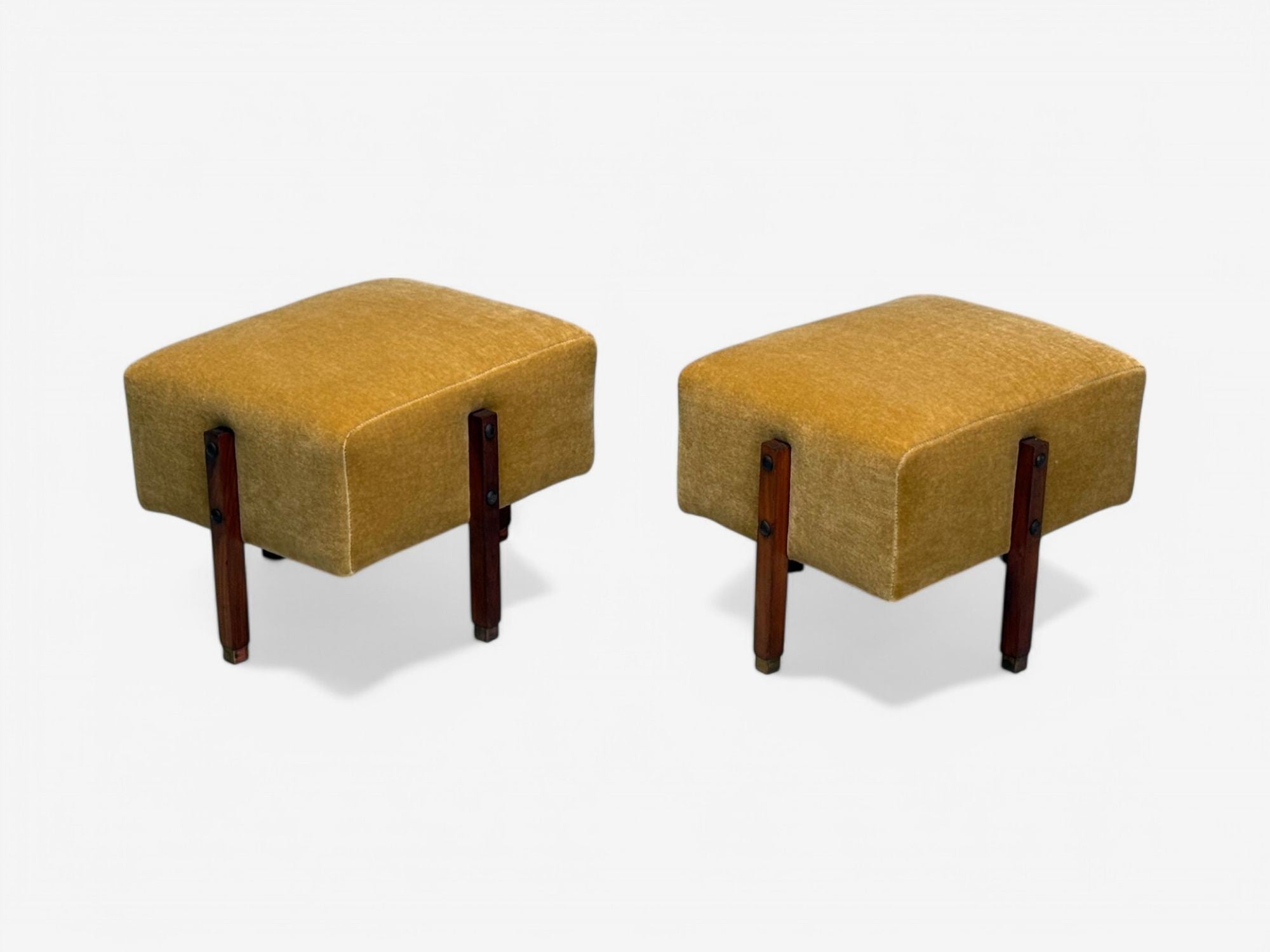 Italian Mid-Century Modern, Stained Wood, Camel Mohair, Ottomans, Italy, 1960s