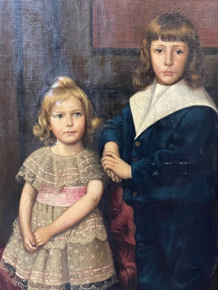 Palatial 19th Centur Oil on Canvas of a Portrait of Siblings Signed J. Peellaert