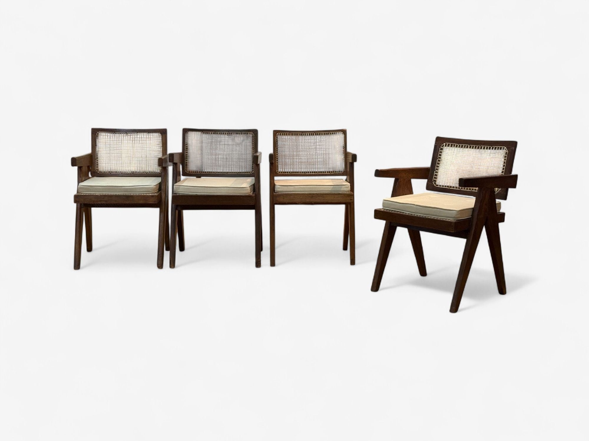 Pierre Jeanneret, Teak, Cane, Four Floating Back Chairs, Chandigarh, 1960s