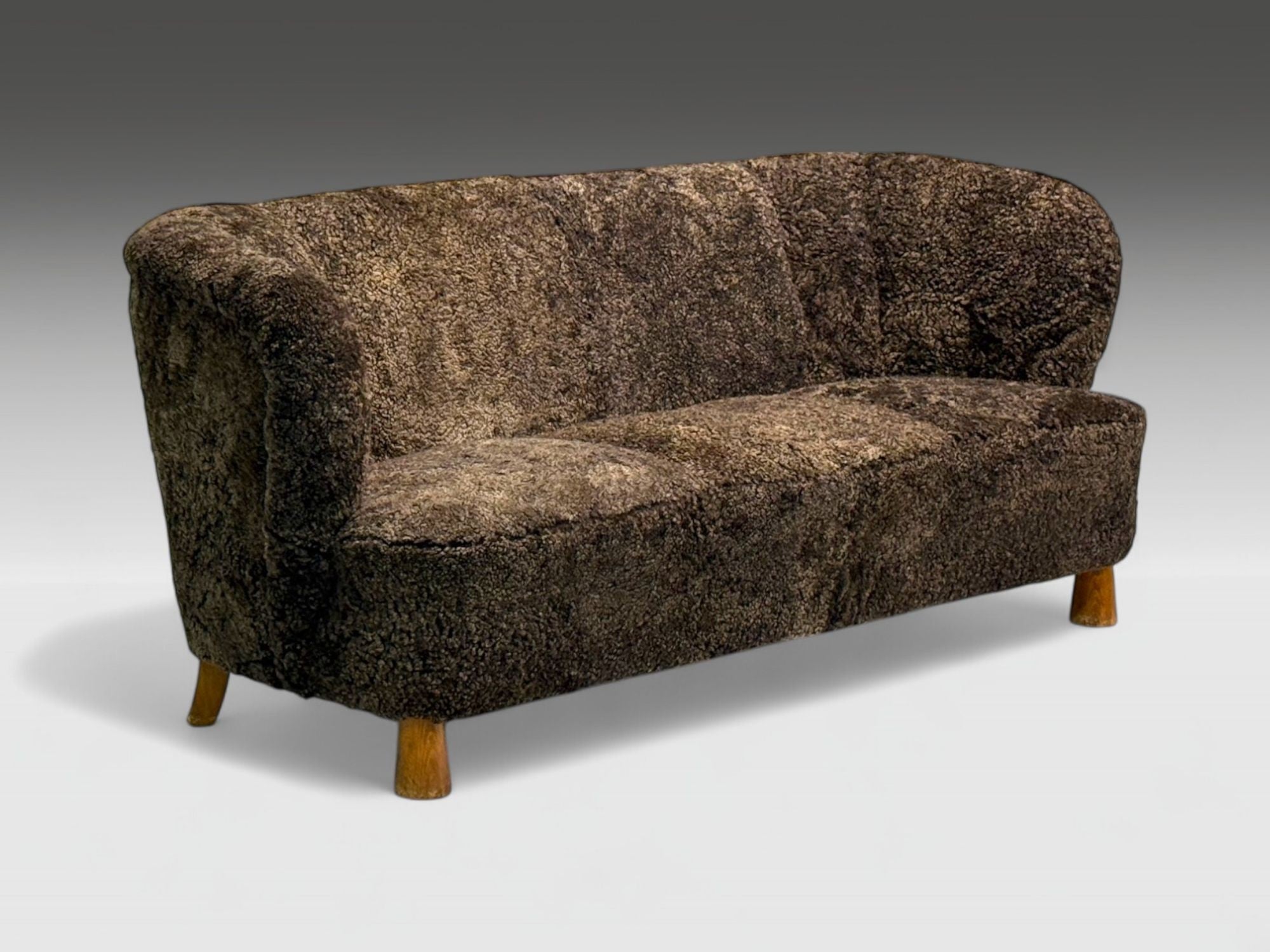 Danish Mid-Century Modern, Beech, Brown Sheepskin, Sofa, Denmark, 1930s