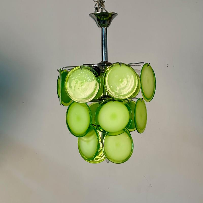 Pair of Mid-Century Modern Style Small Green Murano Glass Disk Chandeliers