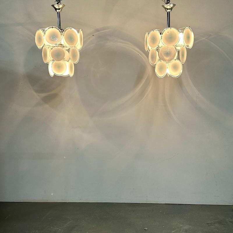 Mid-Century Modern Style Small White Murano Glass Disk Chandeliers / Pendants