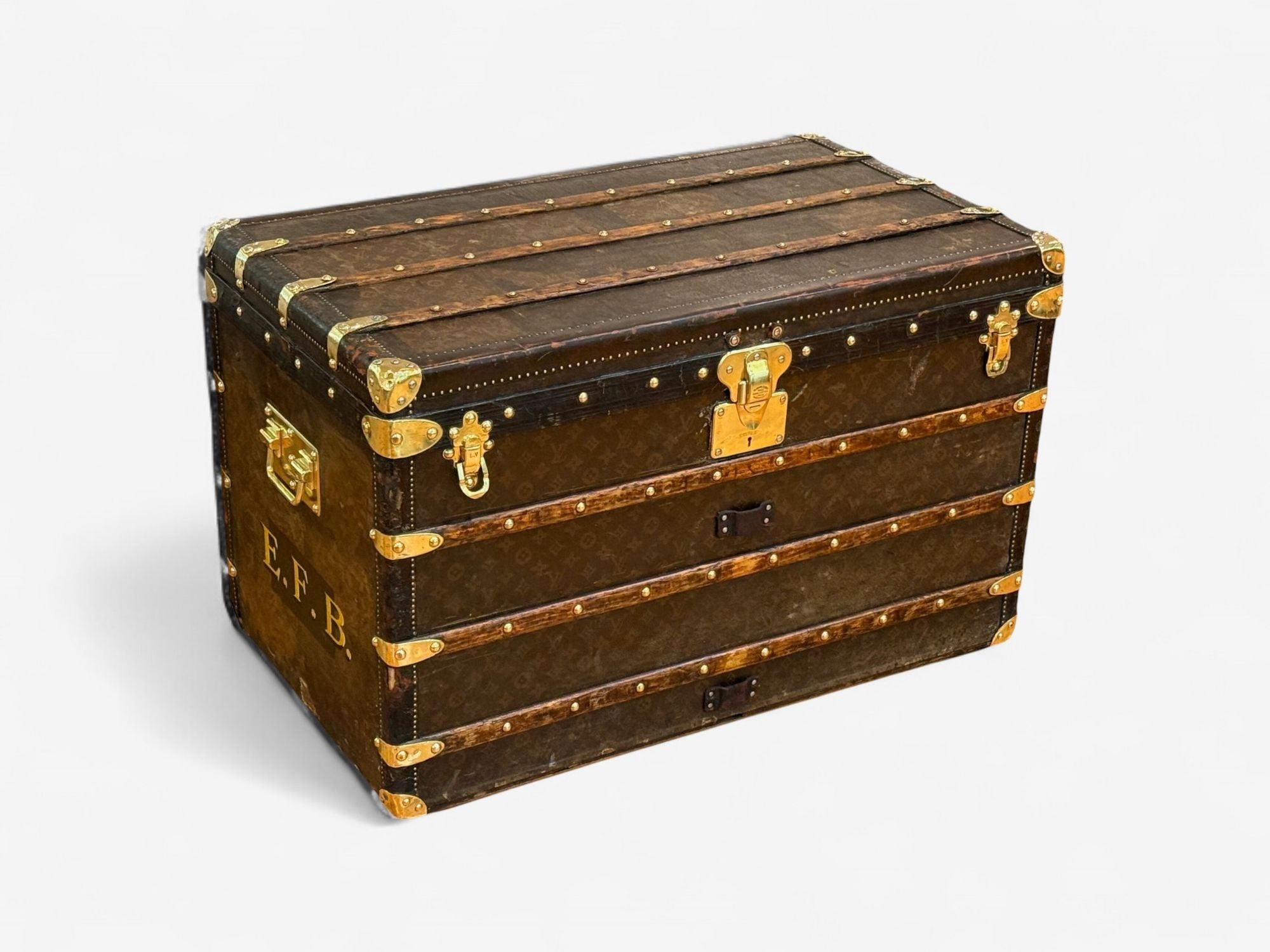 Louis Vuitton, Brown Leather, Monogram Canvas, Vintage Steamer Trunk, France