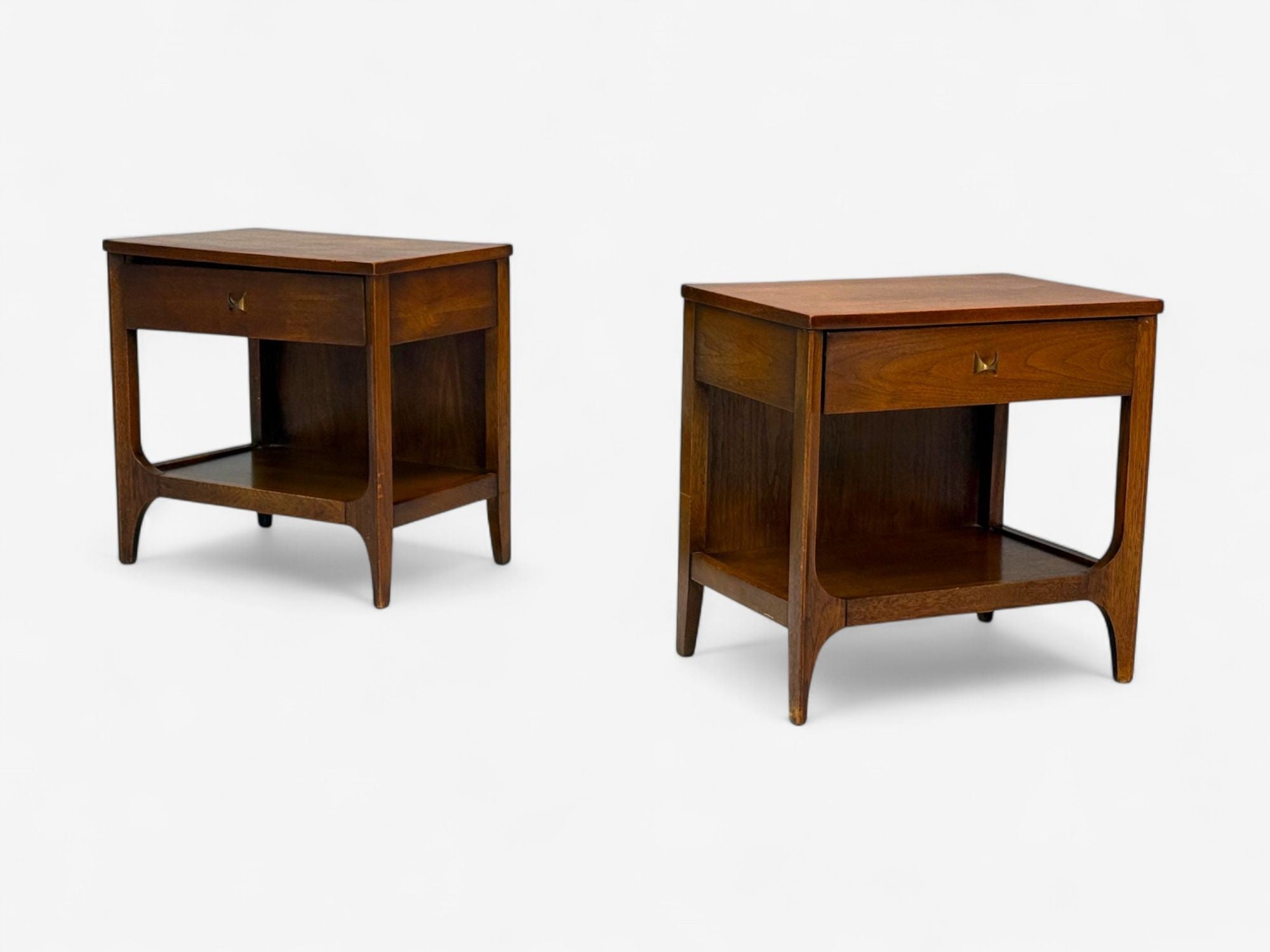 Broyhill Brasilia, Mid-Century Modern, Walnut, Brass, Nightstands, USA, 1960s