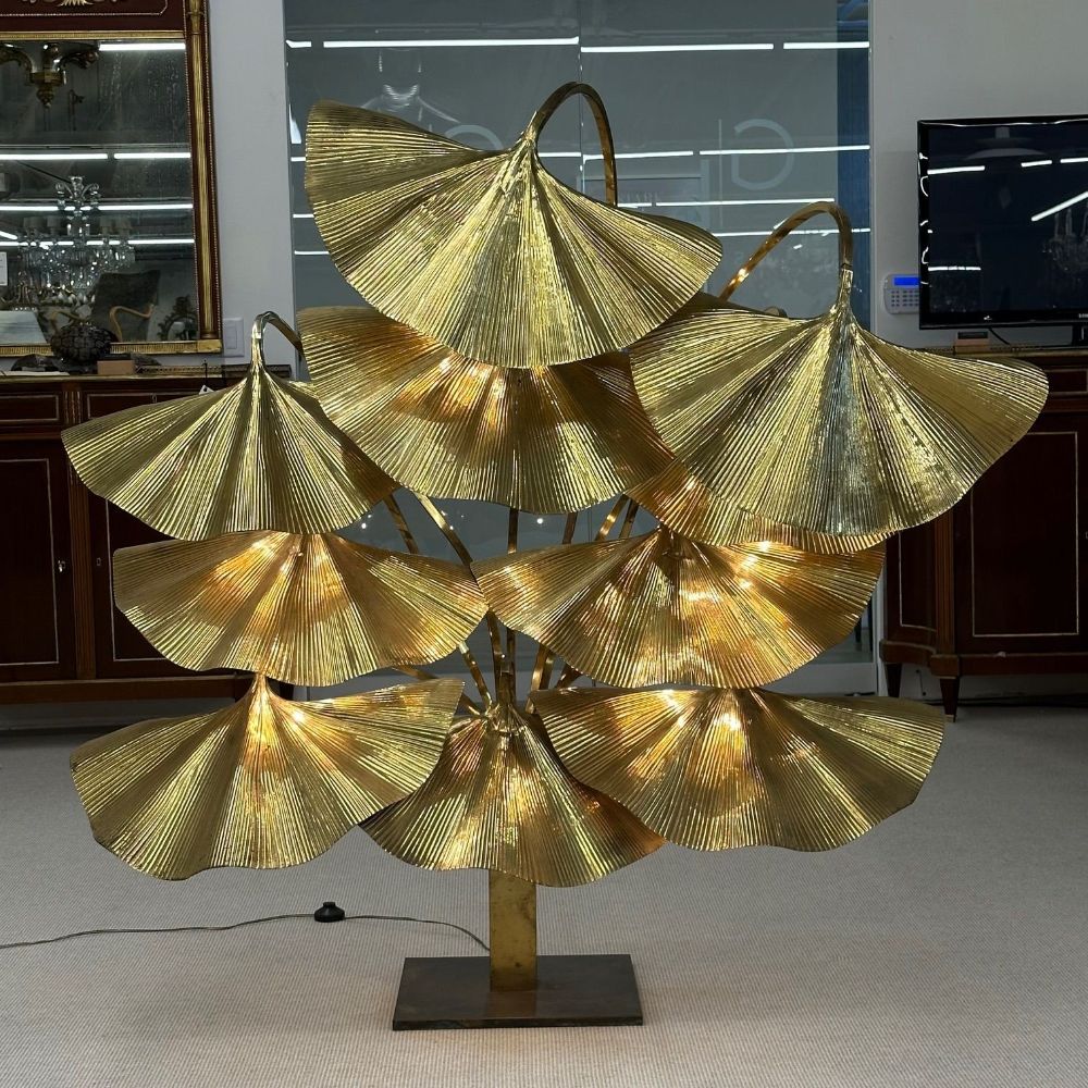 Tommaso Barbi, Italian Mid-Century Modern, 10 Leaf Ginkgo Floor Lamp, Bottega Gadda