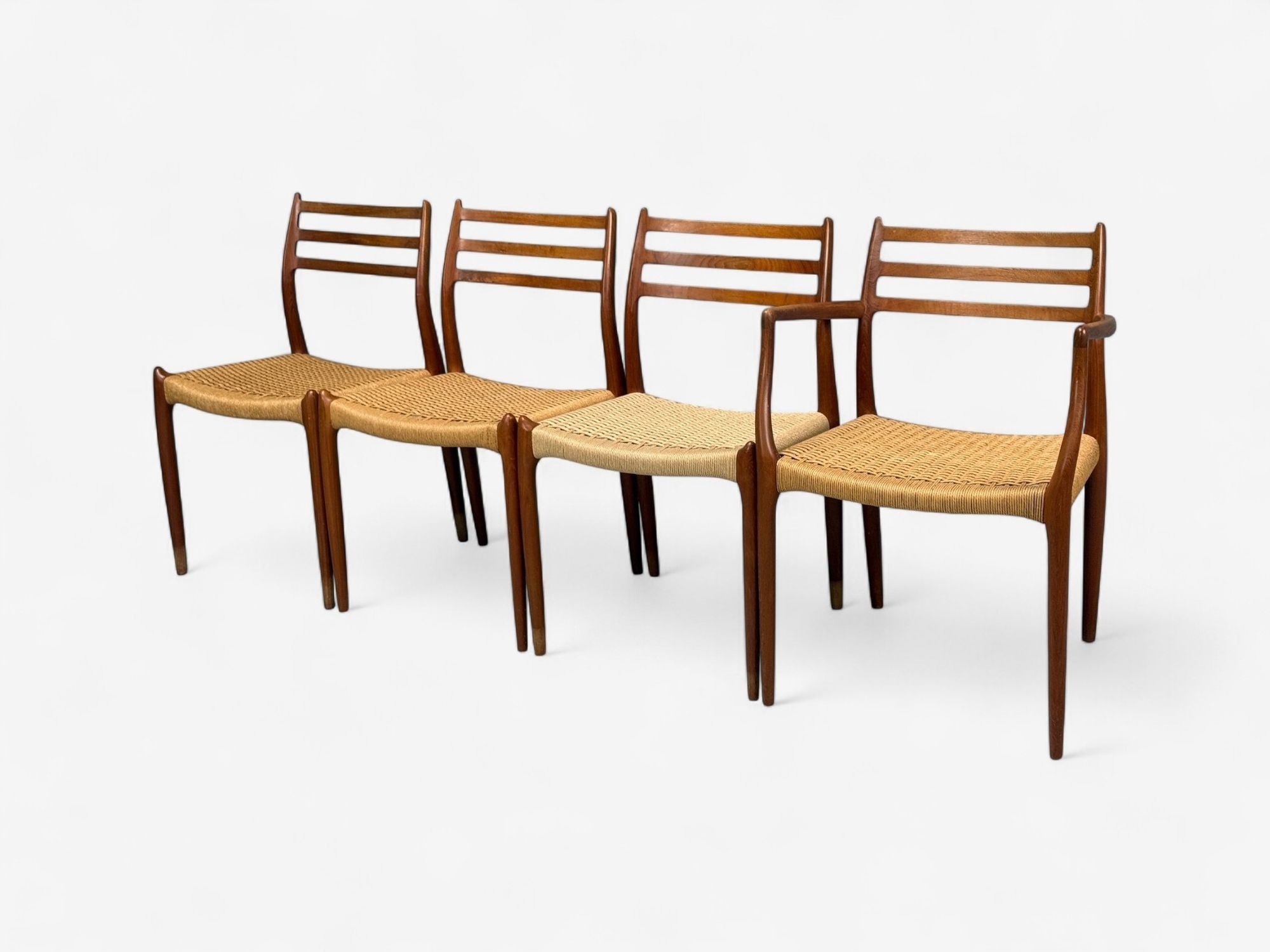 Neils O. Möller, Danish Papercord, Teak, Dining Chairs, Denmark, 1950s