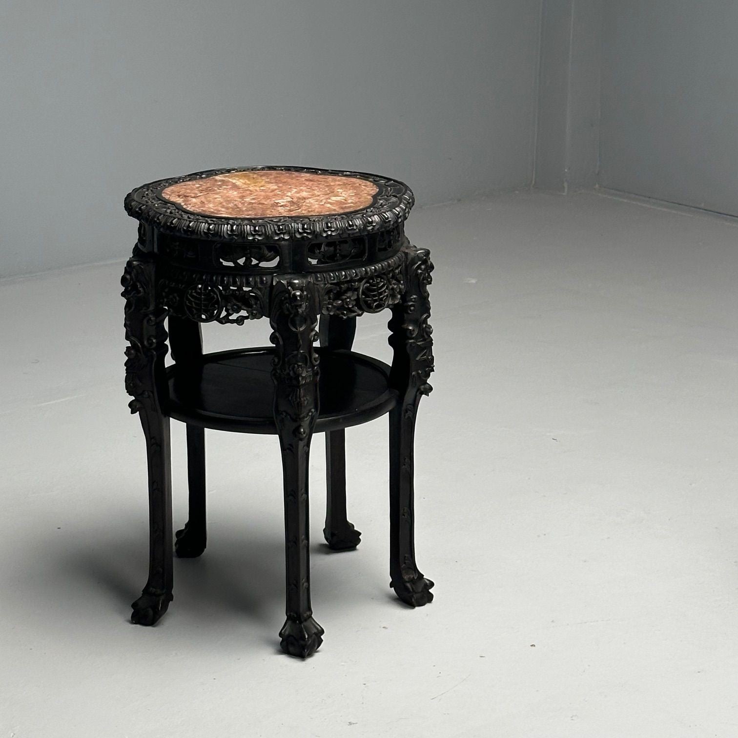 Chinese Heavily Carved, Occasional Tables or Pedestals, Teak, Marble, 1920s