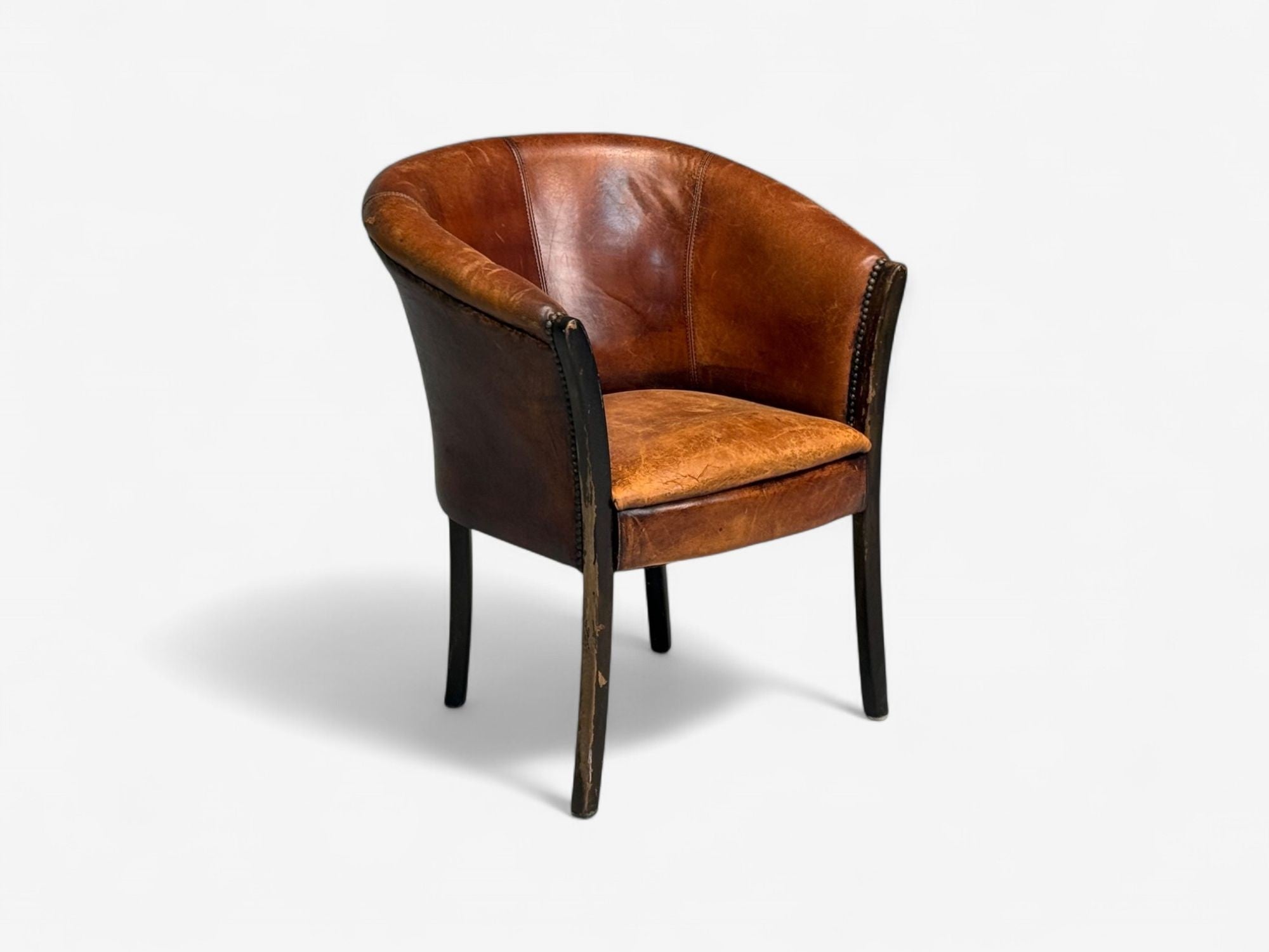 Georgian Style, Distressed Brown Leather, Stained Wood, Tub Chair, USA, 1960s