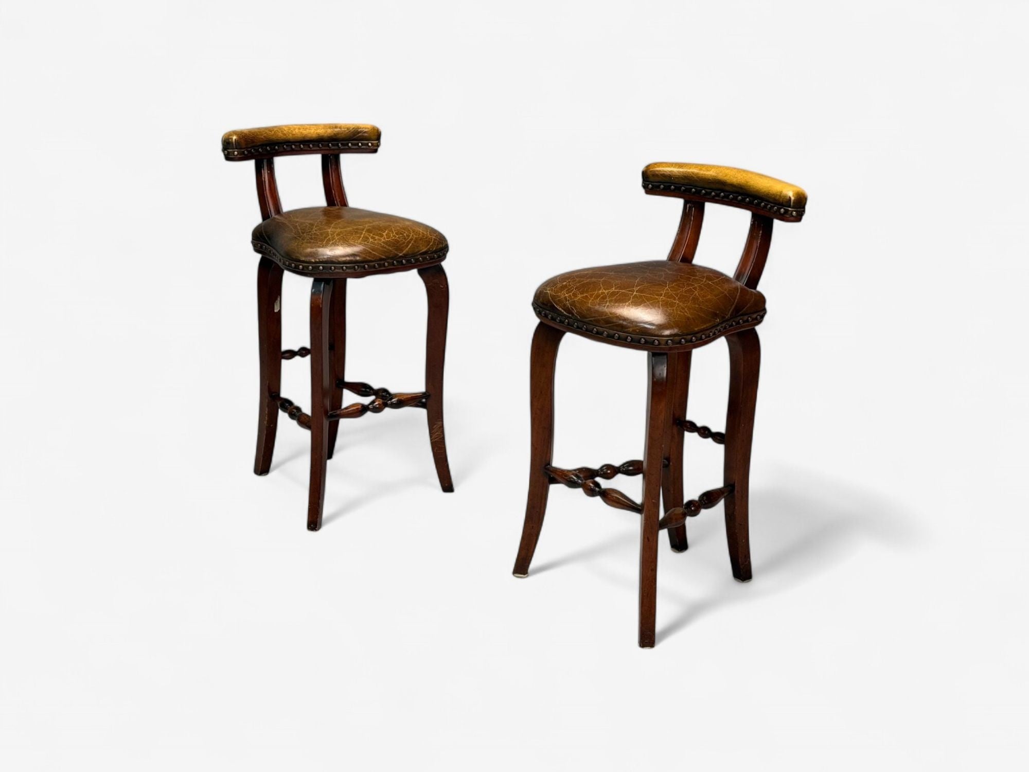 Georgian Style, Distressed Brown Leather, Stained Wood, Six Bar Stools, 20th C.