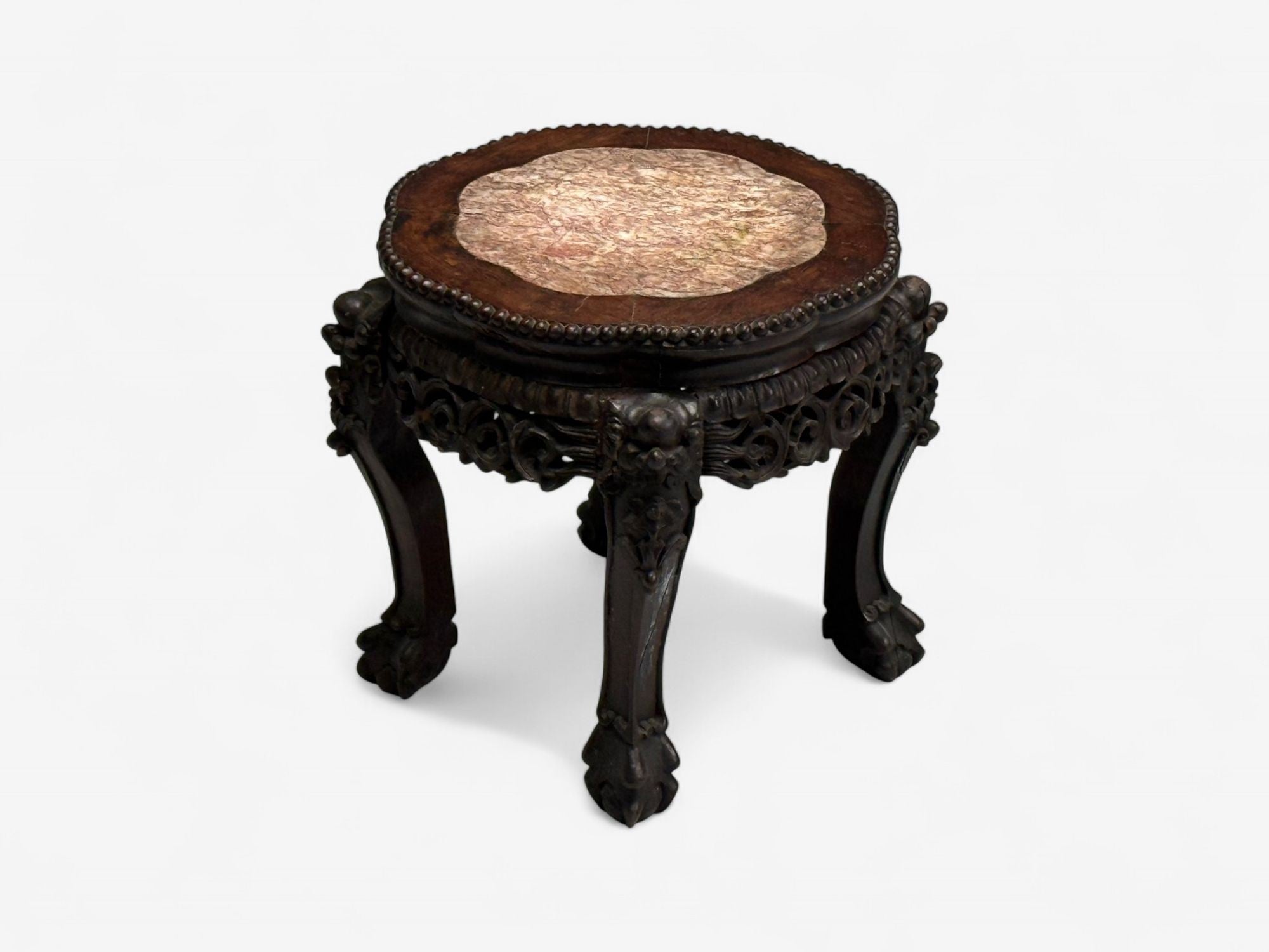 Chinese Export, Carved Hardwood Table, Marble, Low Pedestal, China, 1930s