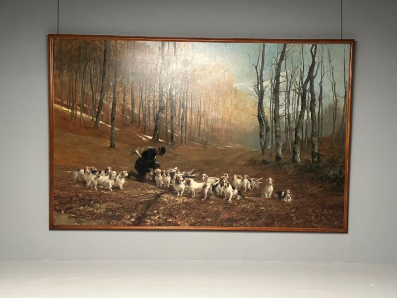 Monumental Oil Canvas, Georges Henri Fauvel, Hunting Dogs with Master, 19th Cent