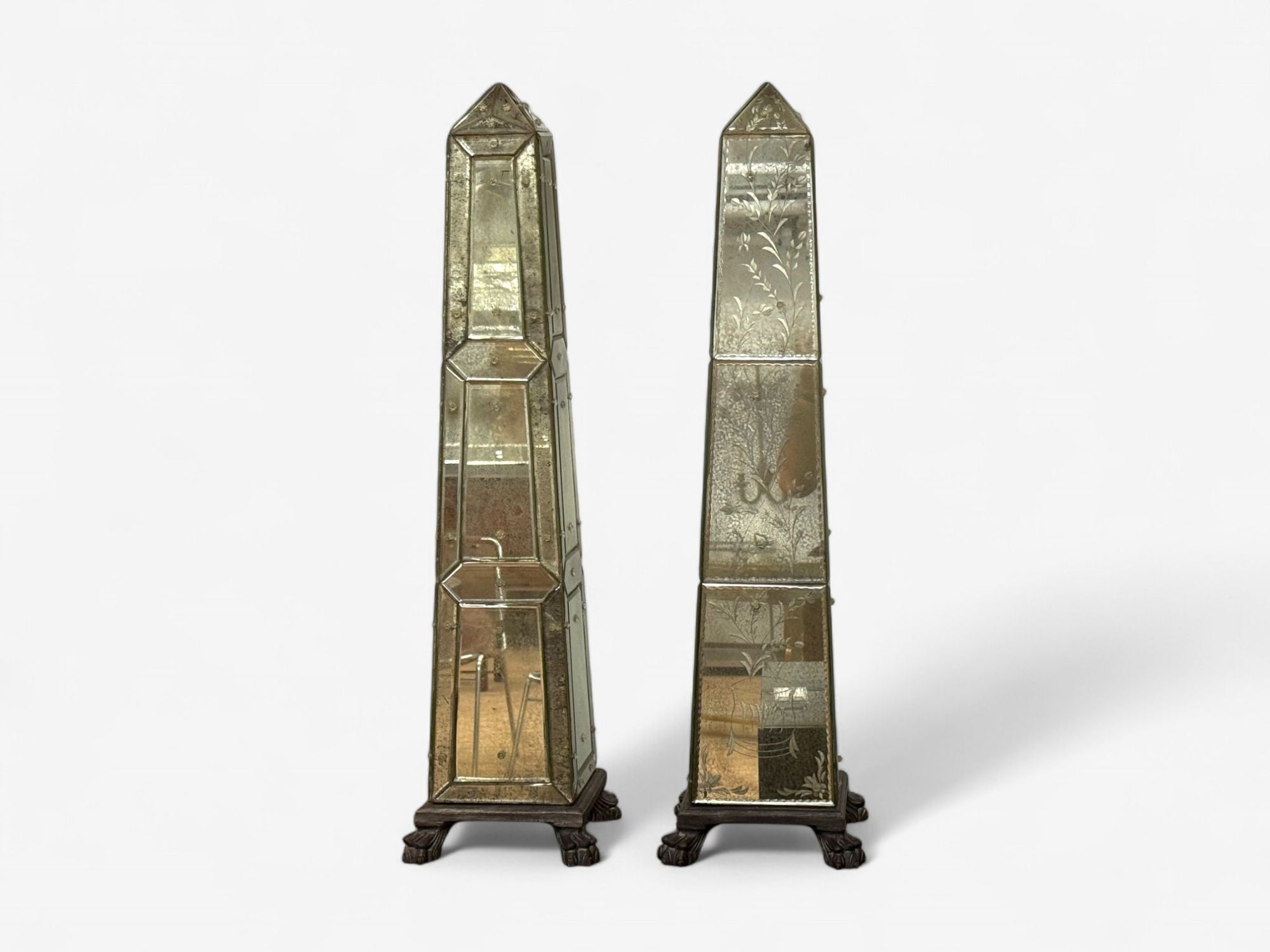 Venetian, Etched Glass Panels, Distressed Mirror, Obelisks, 20th C.