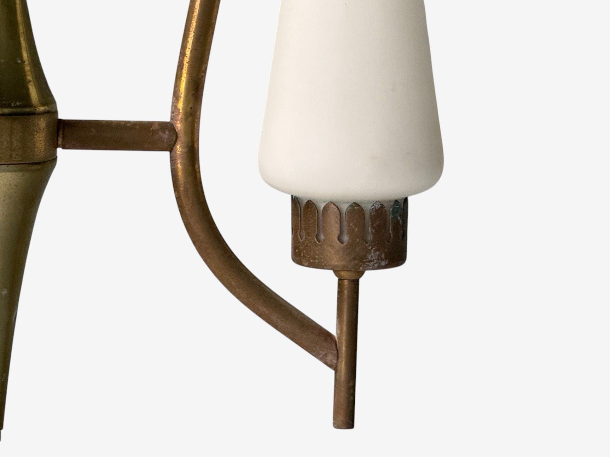 Angelo Lelli, Italian Modern, Brass, Opal Glass, Pendant light, Italy, 1950s