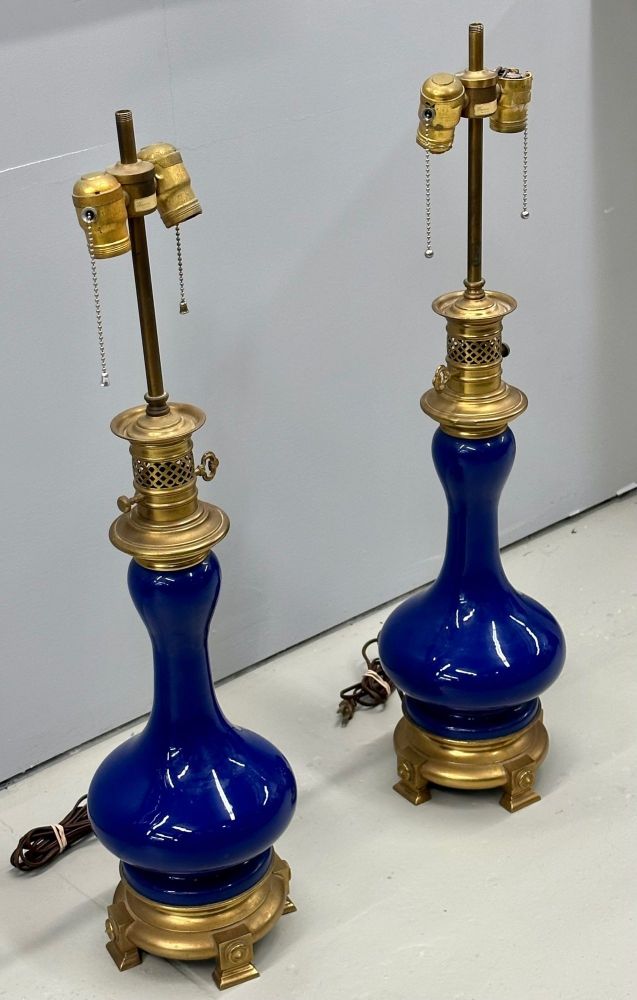 Vintage Pair of Cobalt Blue Warren Kessler Porcelain Table Lamps, Brass, Labeled