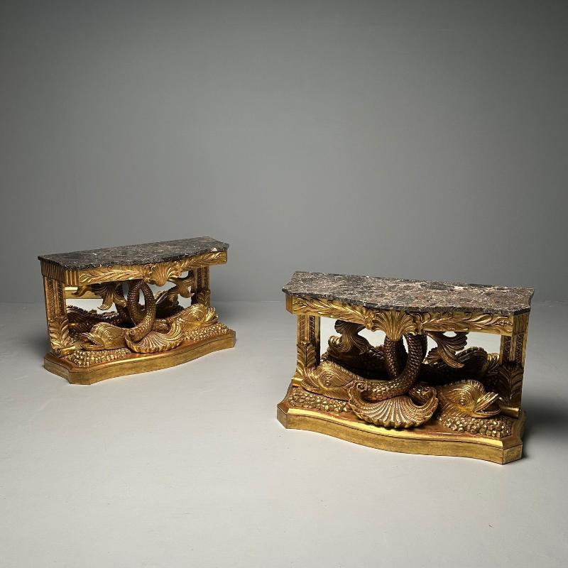 Pair of French Wood Carved Dolphin Console Tables, Pier Tables, Giltwood