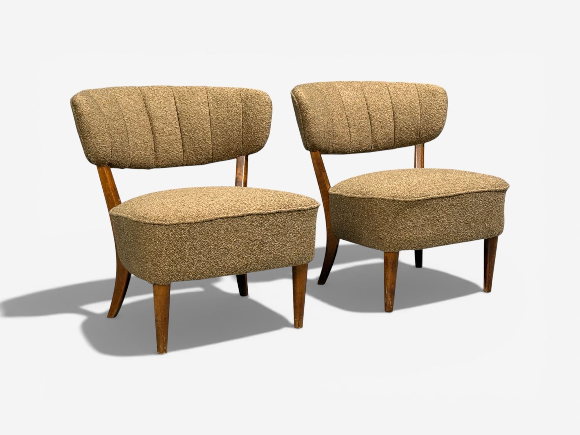Lisa Johansson-Pape, Lounge Chairs, Brown Boucle, Wood, Finland, 1940s