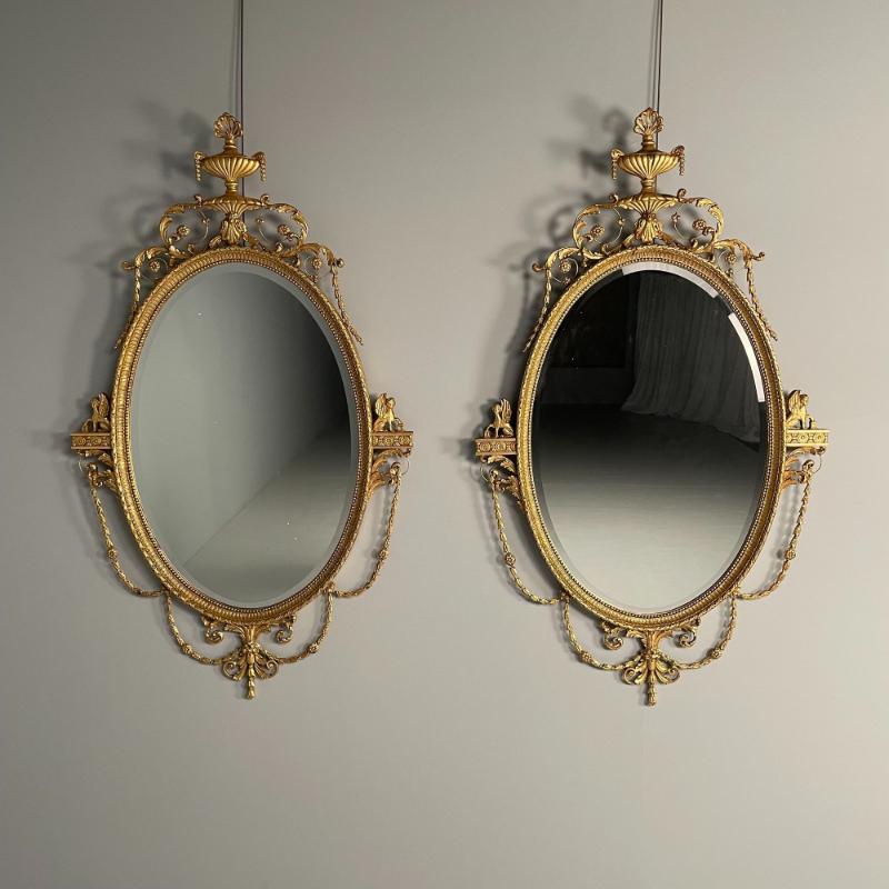 Pair of English Regency Style Gilt Wood Oval Mirror, Wall, Console, Over Mantle