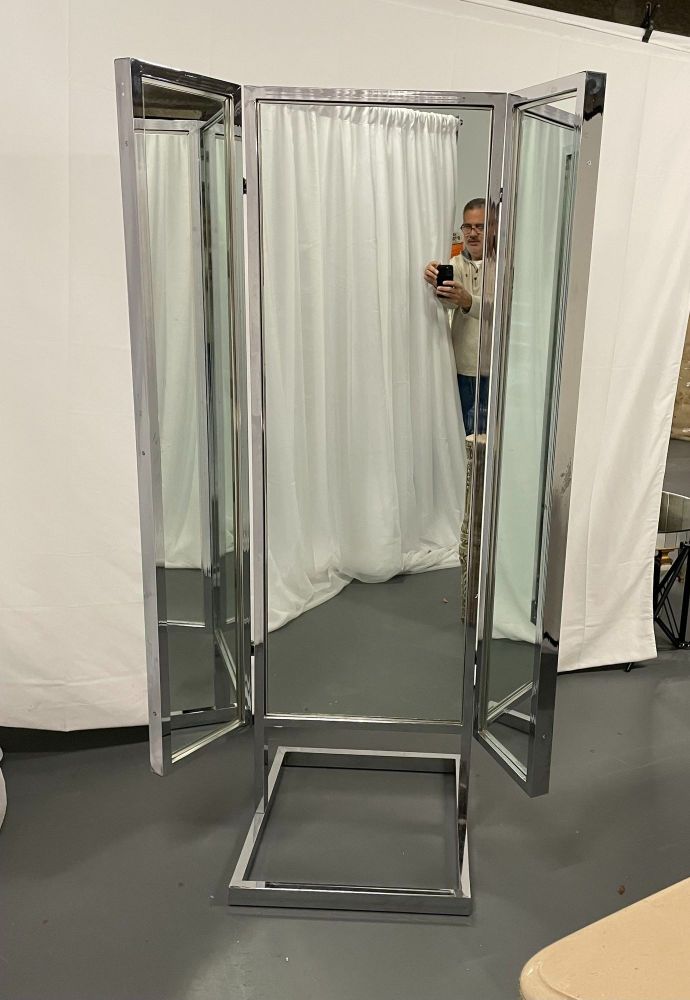 A Mid Century Modern Trifold Cheval Mirror, Steel and Chrome Framed, Reversable