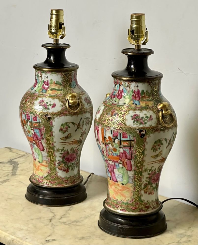 Pair of Ceramic Oriental Table Lamps, Decoration, Bronze, 19th C.