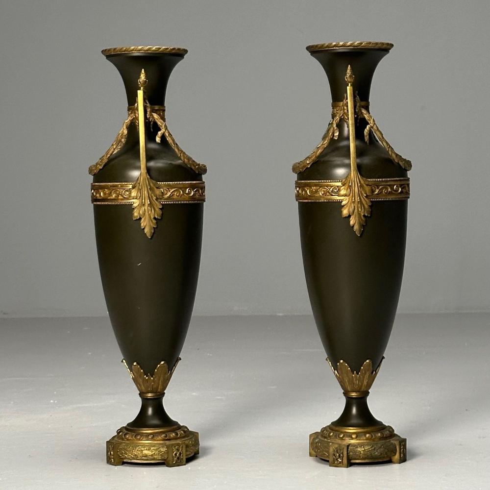 Neoclassical, Pair of Large Urns, Gilt Bronze, Green Painted Metal, 1970s