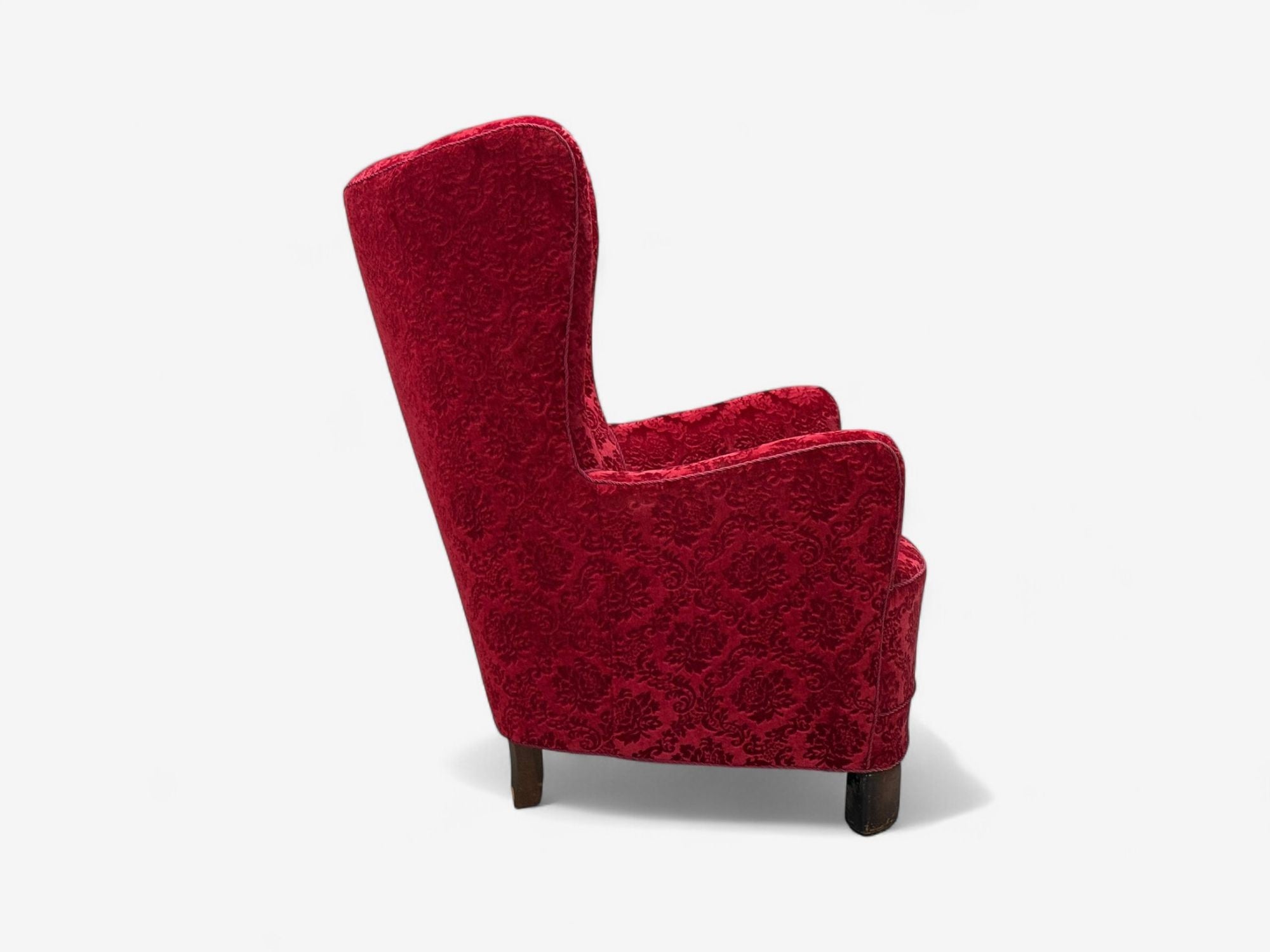 Danish Cabinetmaker, Red Damask, Wood, Lounge Chair, Denmark, 1950s