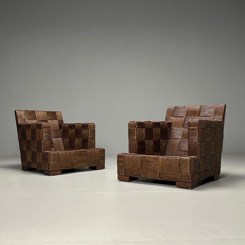 John Hutton, Donghia, Oversized Lounge Chairs, Woven Cane, Mahogany, USA, 1990s