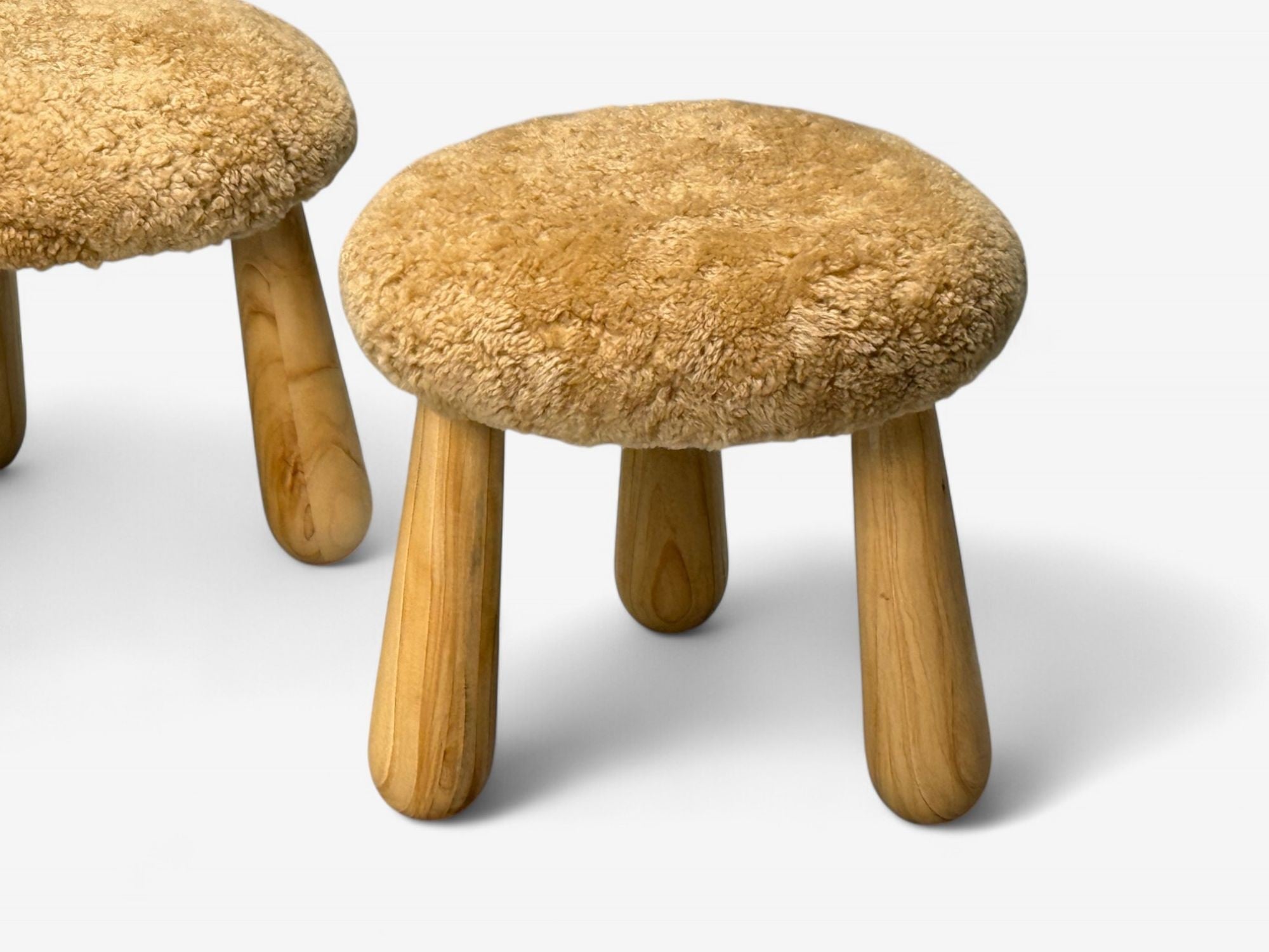 Danish Modern Style, Honey Sheepskin, Maple, Shearling Footstools, 21st C.