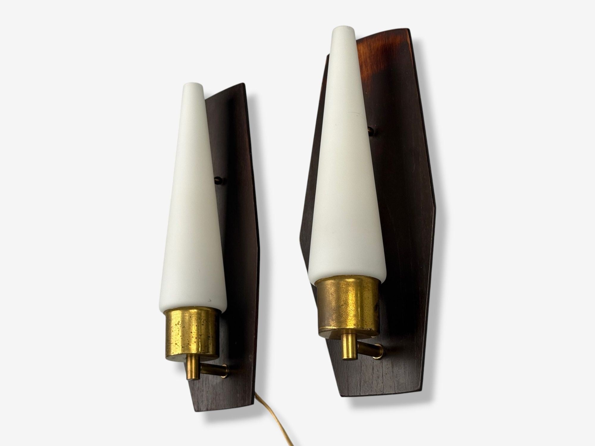 Danish Modern, Teak, Brass, Opaline Glass, Wall Lights, Denmark, 1960s