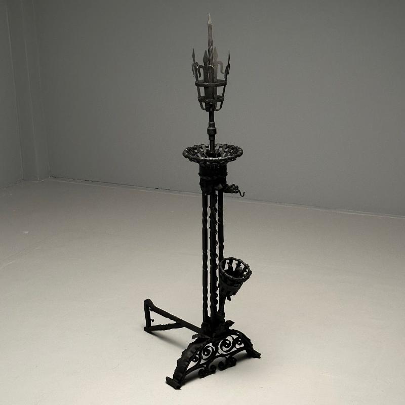 Pair Monumental Samuel Yellin Style Wrought Iron Andirons, Italian Renaissance