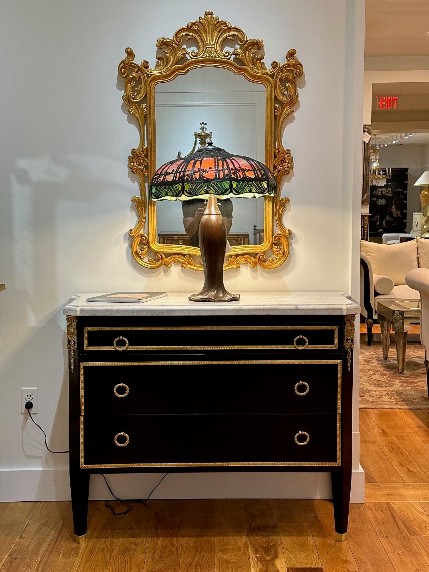 Louis XVI, Hollywood Regency, Commodes, Black Painted Wood, Bronze, Marble