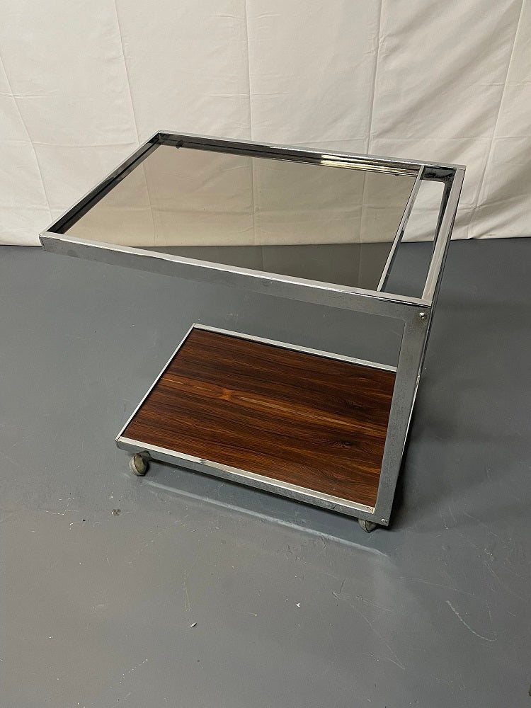 Mid-Century Modern Bar or Serving Cart, Rosewood & Chrome on Casters
