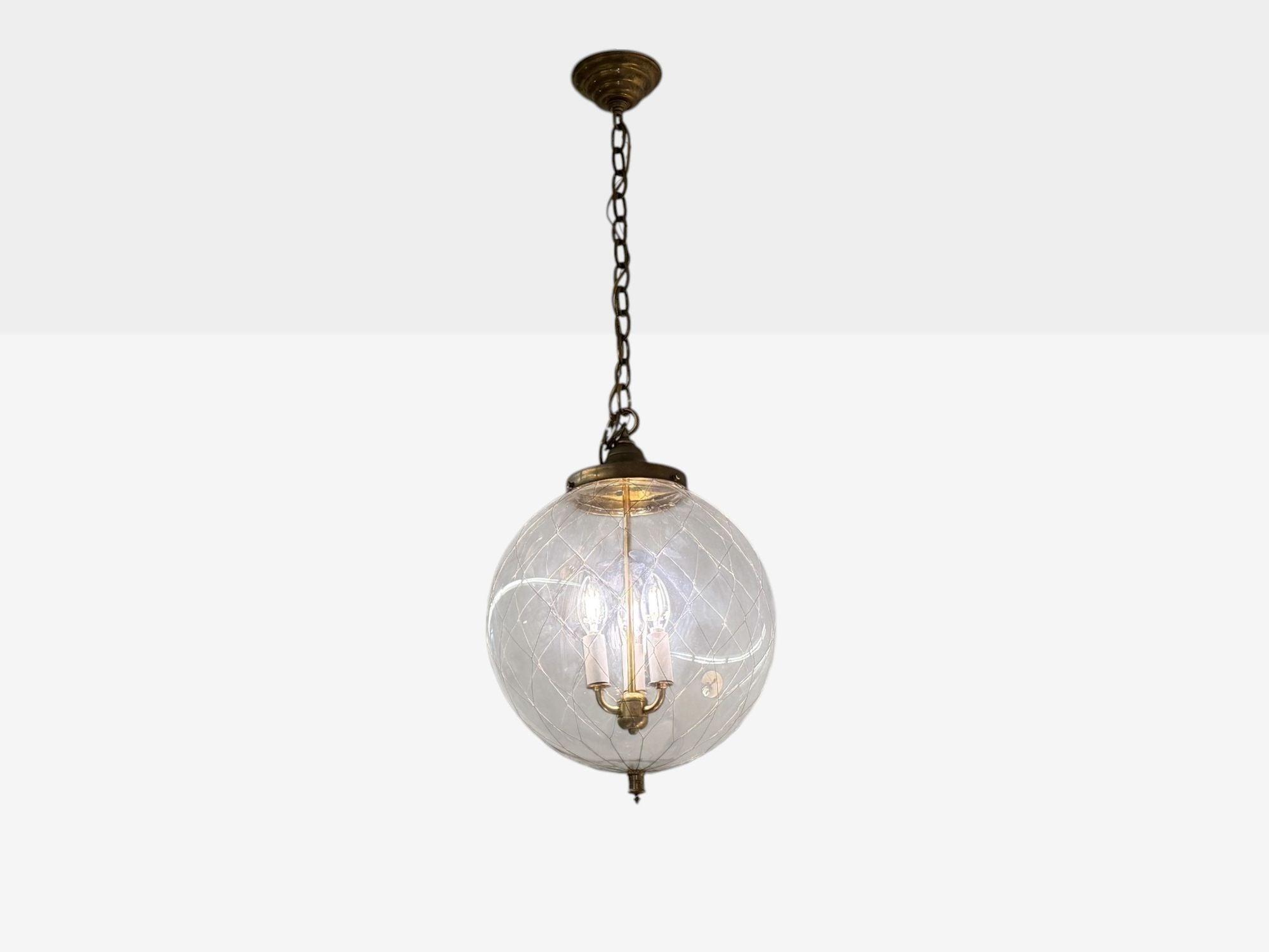 French Mid Century Modern, Brass, Blown Glass, Globe Pendant Lights,1950s