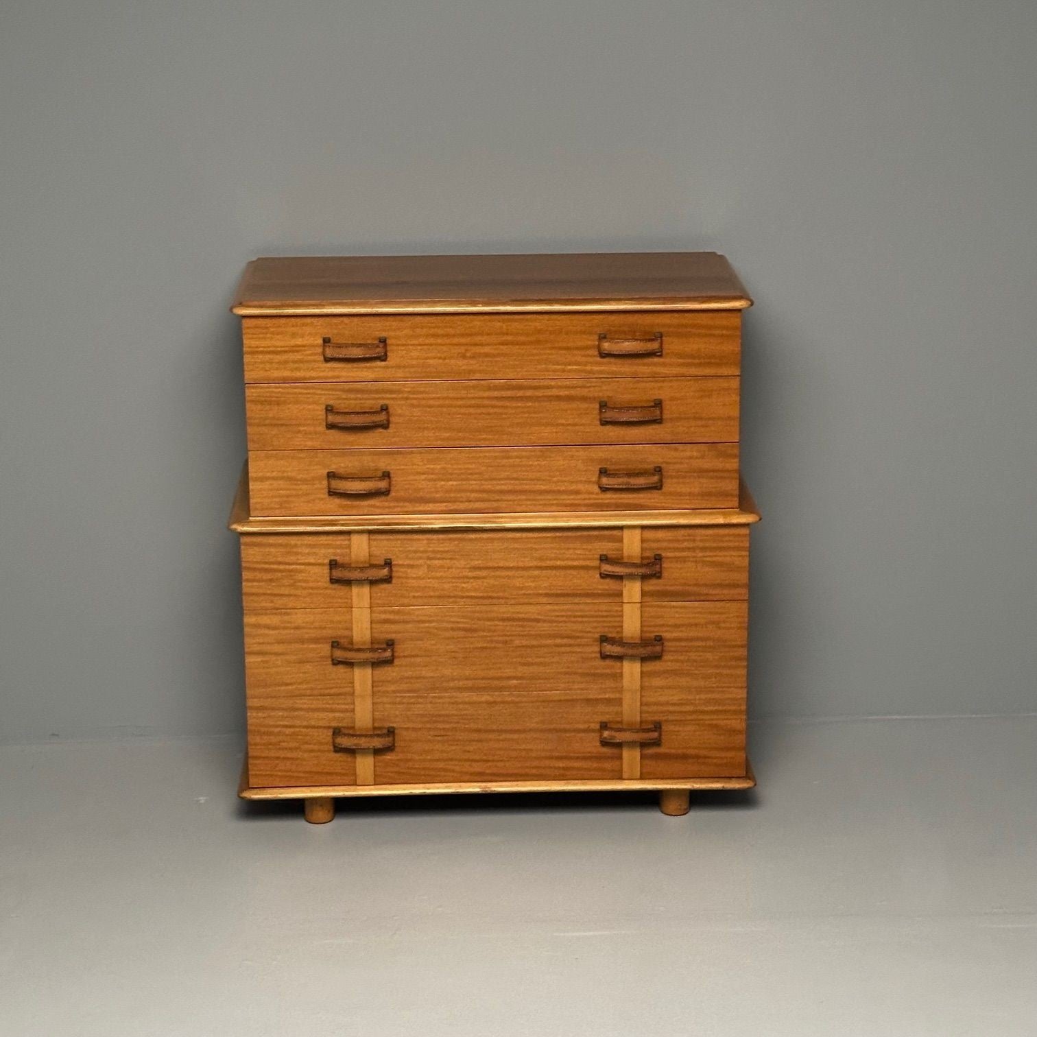 Paul Frankl, John Stuart, Mid-Century Modern Dresser, Mahogany, Leather, Brass