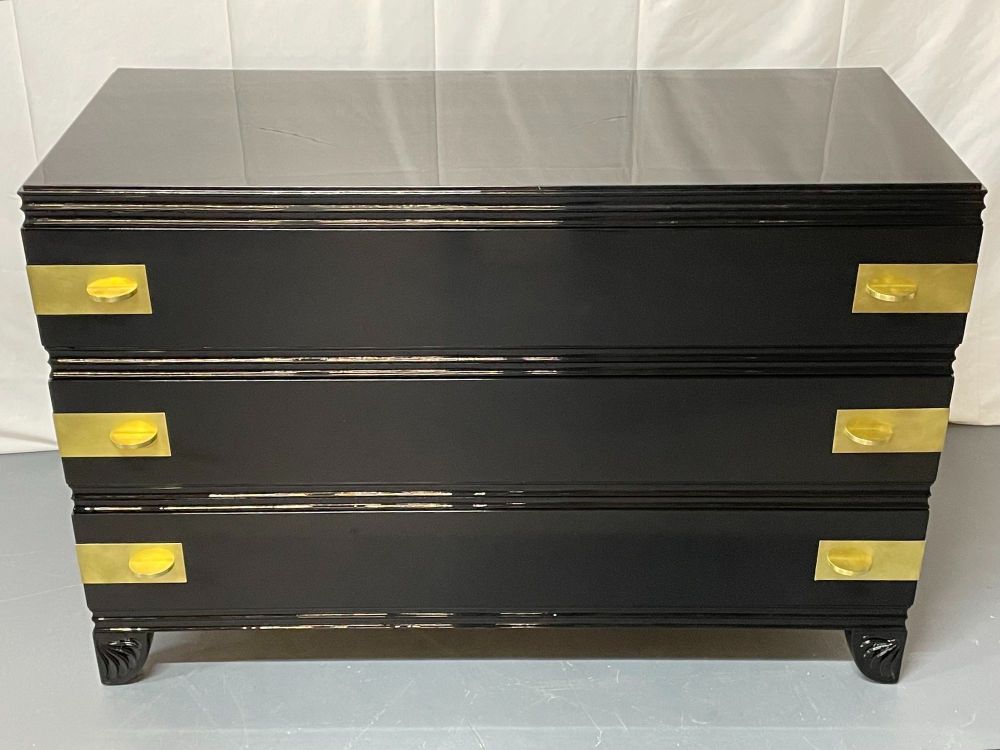 Black Lacquered Campaign Chest, Dresser or Commode, Hollywood Regency, Parzinger