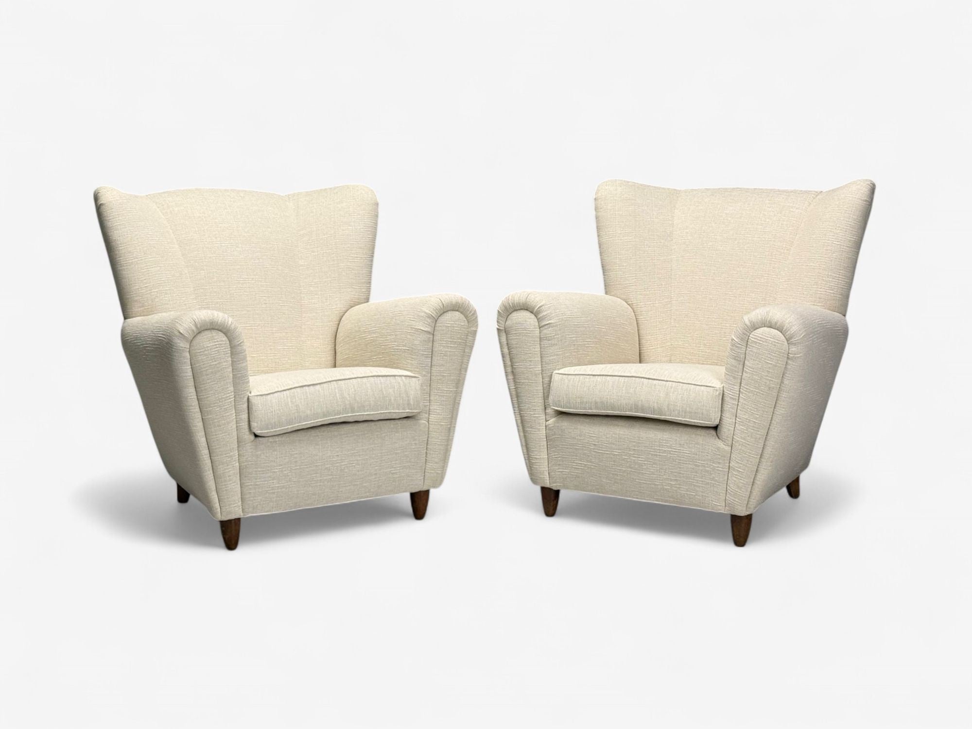 Italian Modern, Stained Wood, Beige Tweed Fabric, Club Chairs, Italy, 1940s