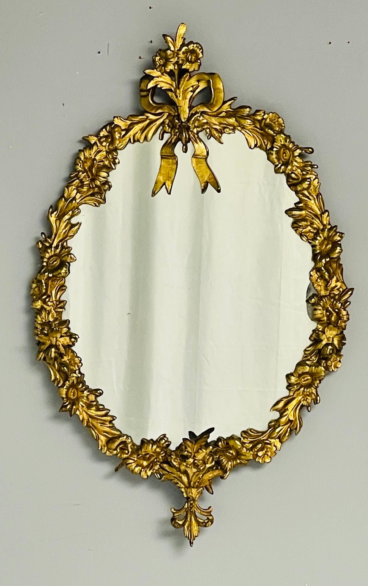 Louis XVI, Oval Wall Mirrors, Floral Motif, Bronze, Carved Wood, France, 19th C