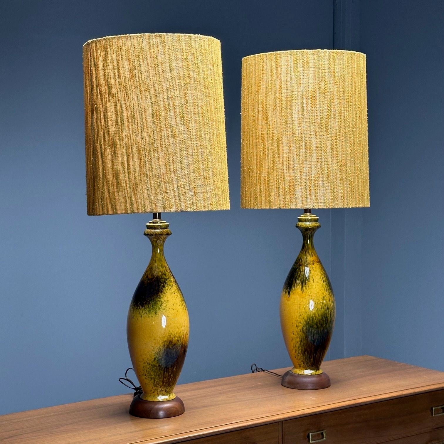 American Mid-Century Modern, Large Table Lamps, Glazed Ceramic, Yellow, Fabric