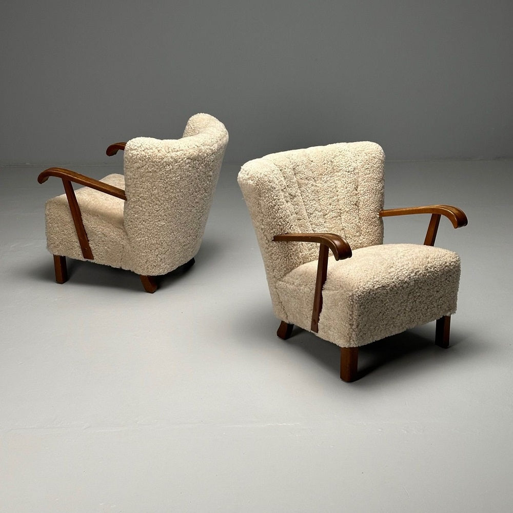 Danish Cabinetmaker, Mid-Century Modern, Lounge Chairs, Shearling, Beech, 1940s